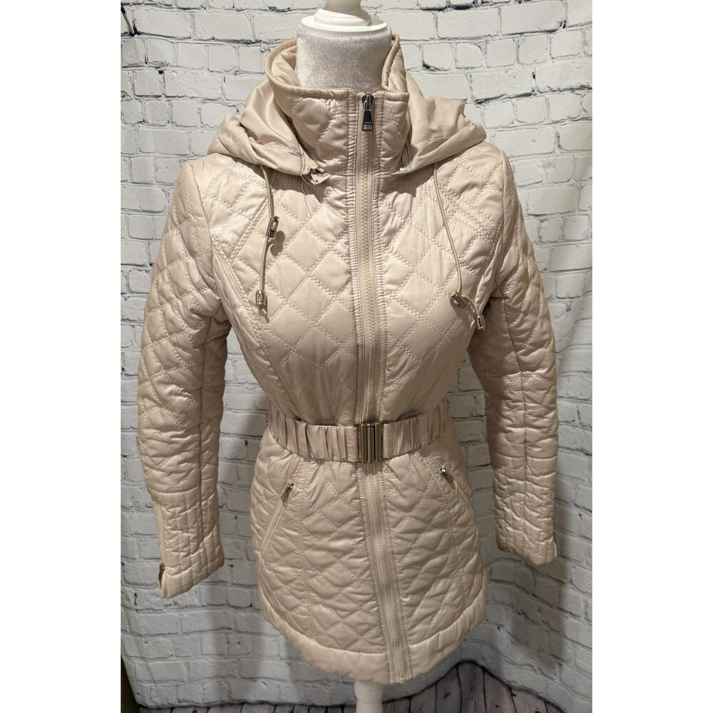 Bebe Women's Cream Quilted Hooded and Belted Zipper Winter Long Coat Size XS